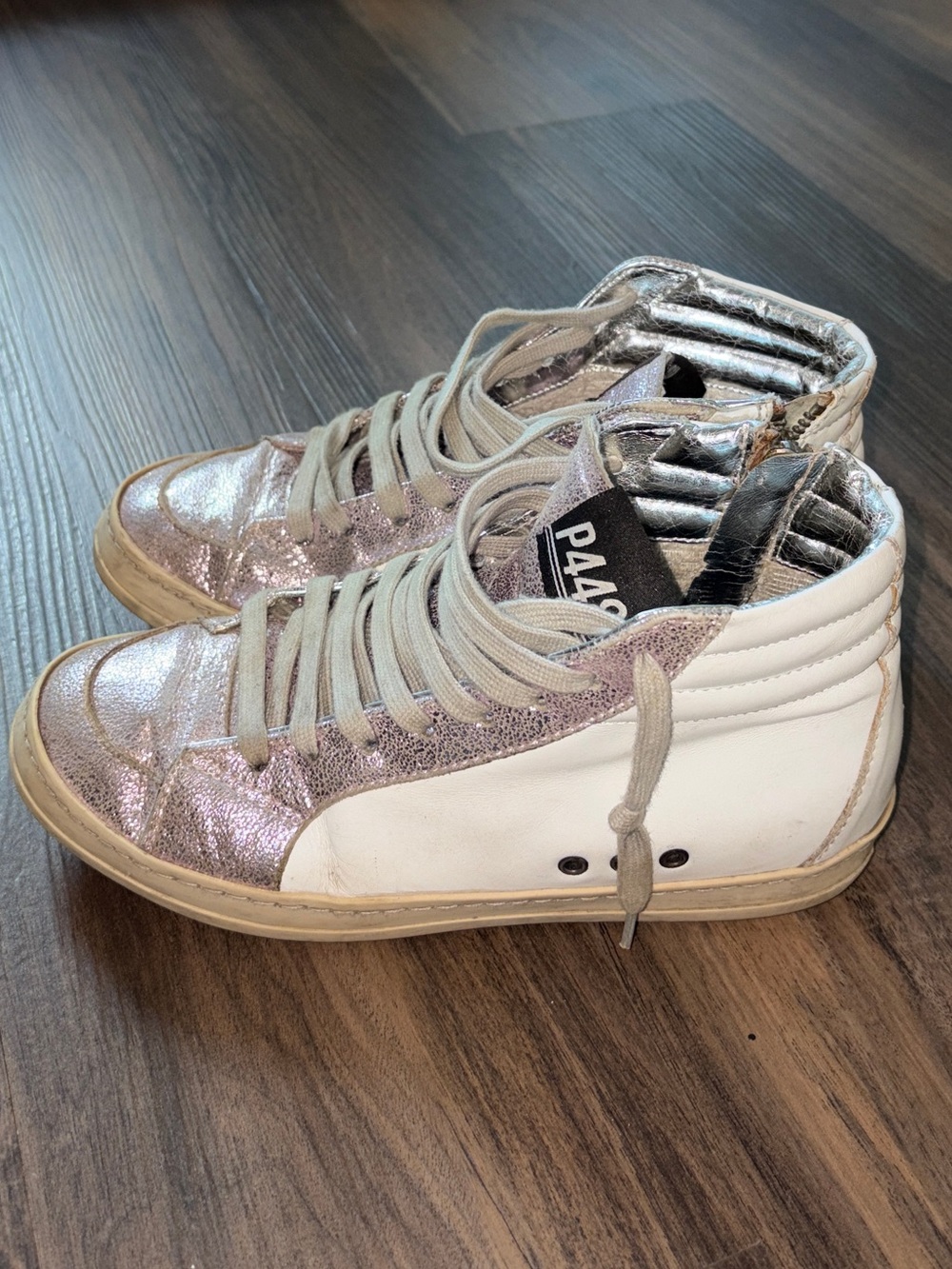 P448 Skate High-Top Sneakers Leather White Metallic Pink Shoes EU Size 36 5 5.5